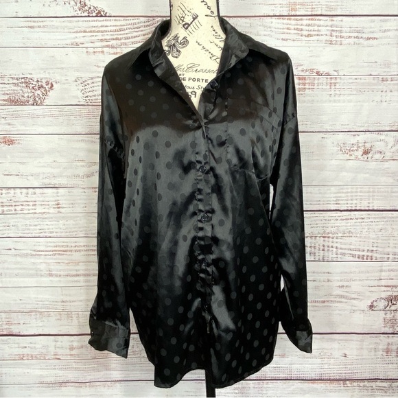 LE Lis top black silky long sleeve size XSmall polka dot Dressy  blouse - Picture 4 of 10